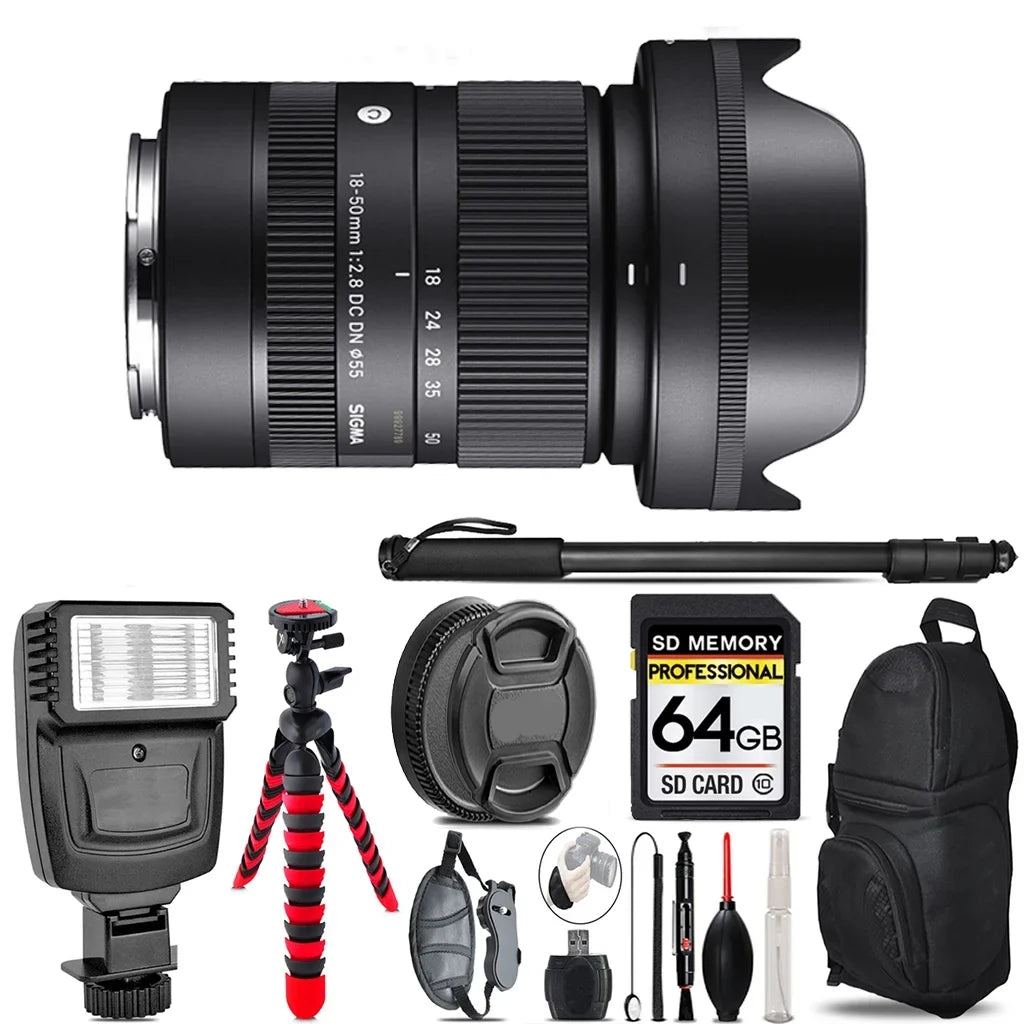 Sigma 18-50mm f/2.8 DC DN Contemporary Lens for  E - Video Kit +  Flash - 64GB Accessory Bundle