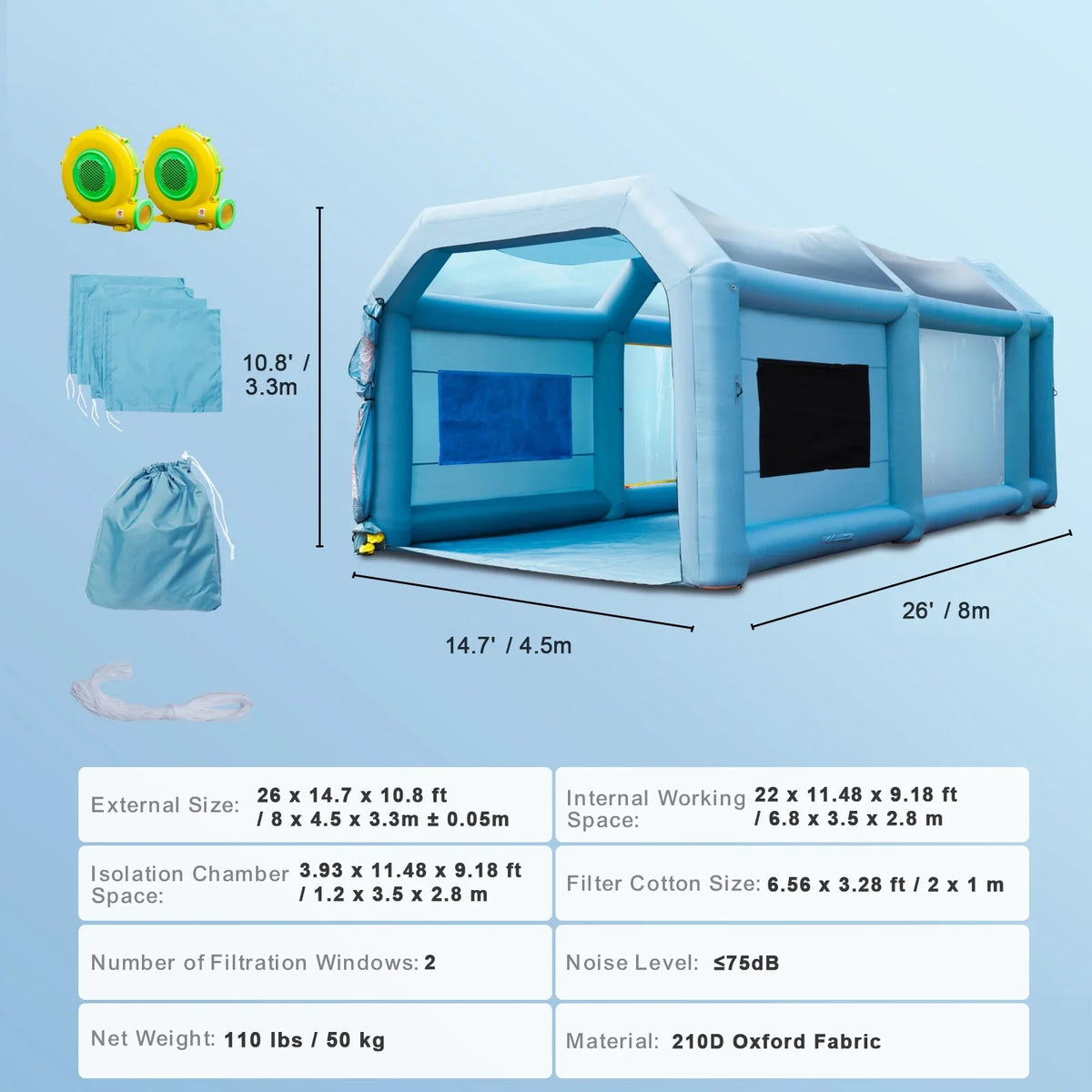 SKYSHALO Inflatable Paint Booth 26x15x11ft Inflatable Spray Booth Car Paint Tent with 750W+950W Filter System Blower