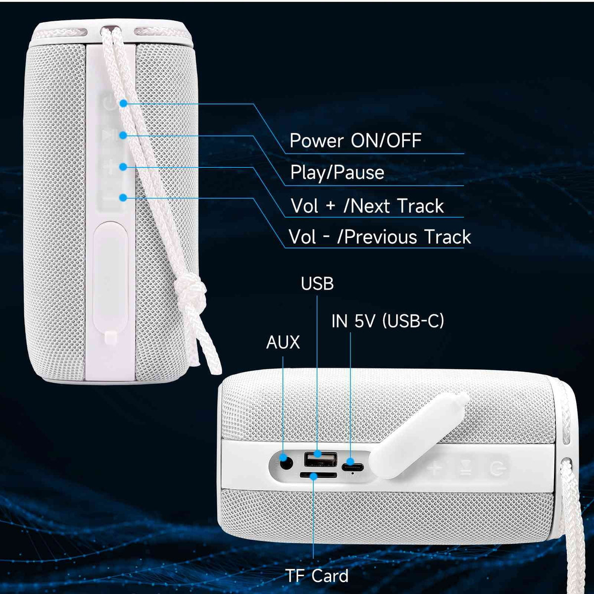 UrbanX Scorpio Series Bluetooth Speaker, IPX5 Waterproof Speakers 360° HD Surround Sound with Punchy Bass, True Wireless Pairing, BT5.3, Portable Speaker for  X venture - White