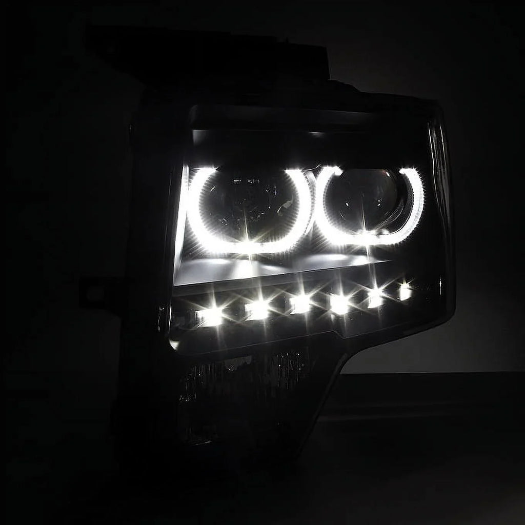AKKON - For [Dual LED Halo Ring] 09-14 F150 F-150 Pickup Truck Black Projector Headlights + LED Tail light Set