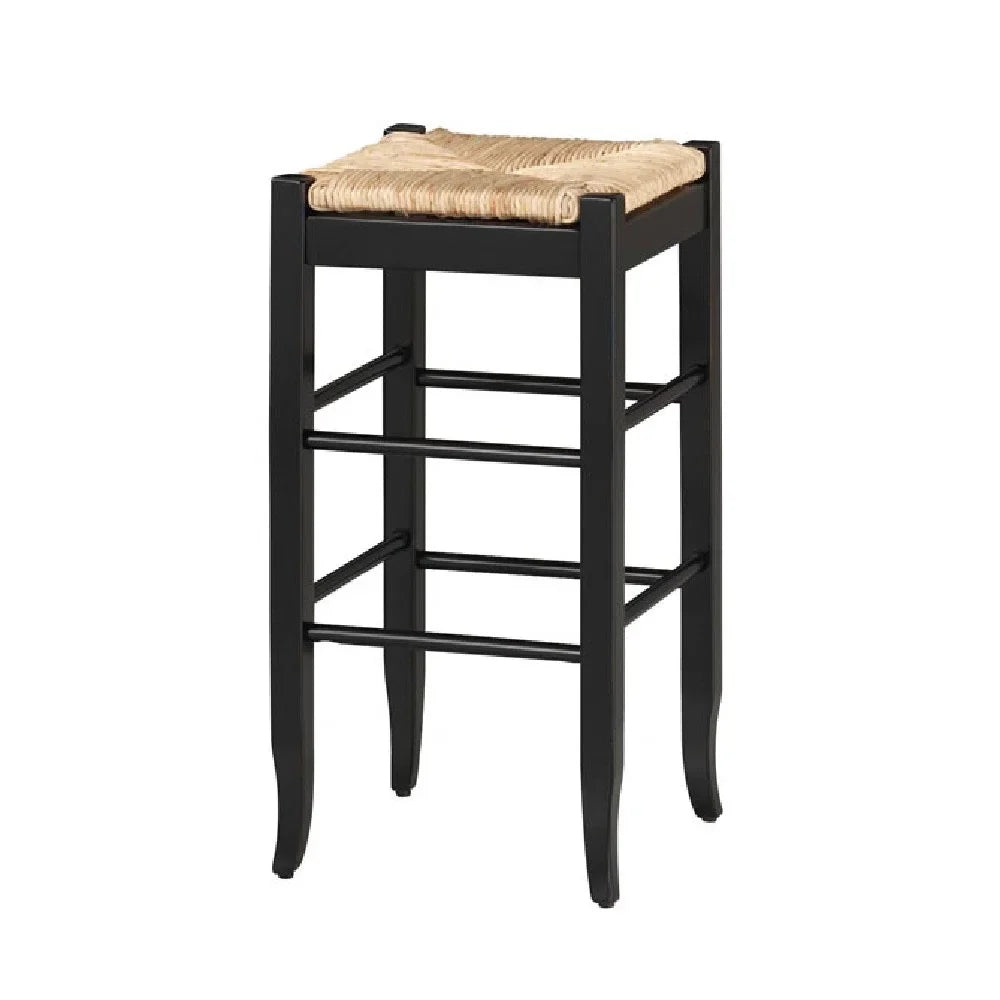 Rush Woven Wooden Frame Barstool with Saber Legs, Beige and Black- Saltoro Sherpi