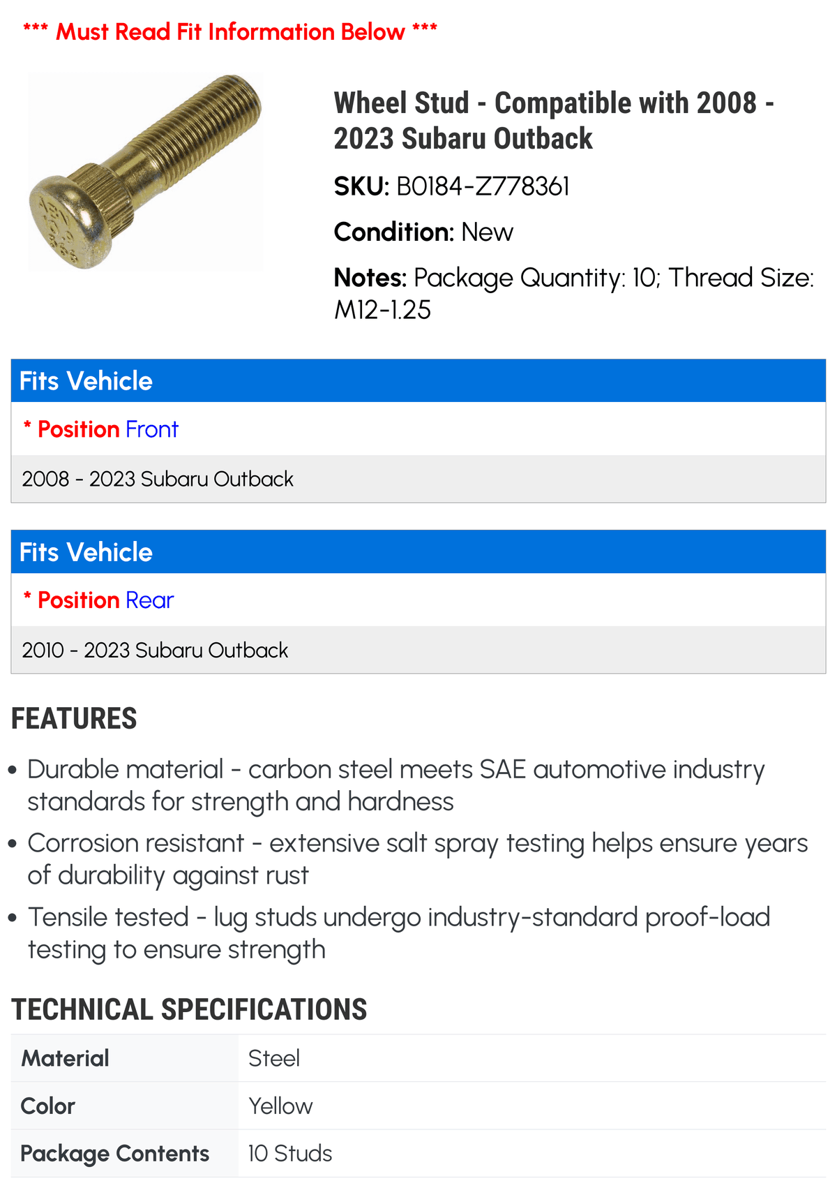 Wheel Stud - matching with 2008 - 2023 Subaru Outback 2009 2010 2011 2012 2013 2014 2015 2016 2017 2018 2019 2020 2021 2022