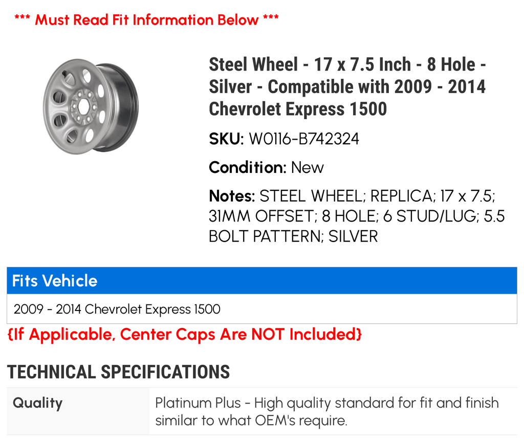 Steel Wheel - 17 x 7.5 Inch - 8 Hole - Silver - appropriate with 2009 - 2014 Chevy Express 1500 2010 2011 2012 2013