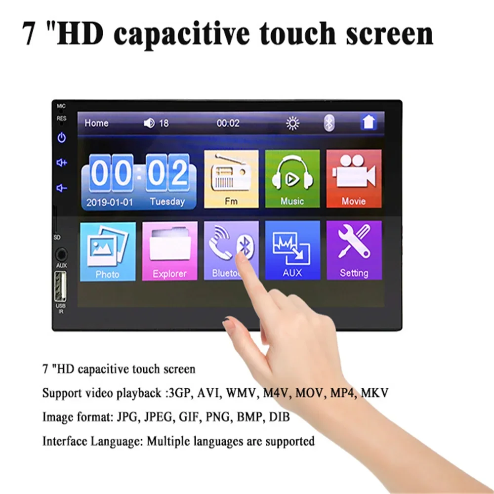 Virwir Car Multimedia Player Bluetooth 7 inch, HD Car Mp5 Player Touch Screen Autoradio with Backup Camera Rear