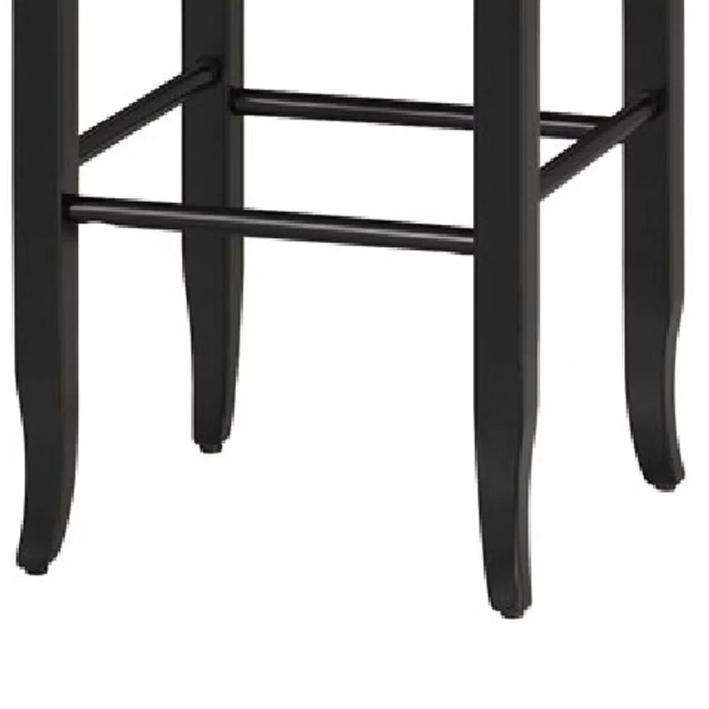 Rush Woven Wooden Frame Barstool with Saber Legs, Beige and Black- Saltoro Sherpi