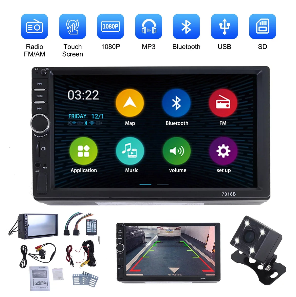 7" Car Stereo Double Din Bluetooth Car Radio Touch Screen Car Radio Audio Receiver  Radio with Backup Camera - Support Mirror Link/USB/SD/AUX, Hands Free Calling