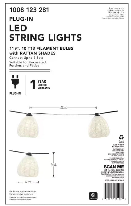Plug-In Mini Bulb LED Natural Fiber String Light (10-Heads). Hampton Bay Outdoor/Indoor 11 ft