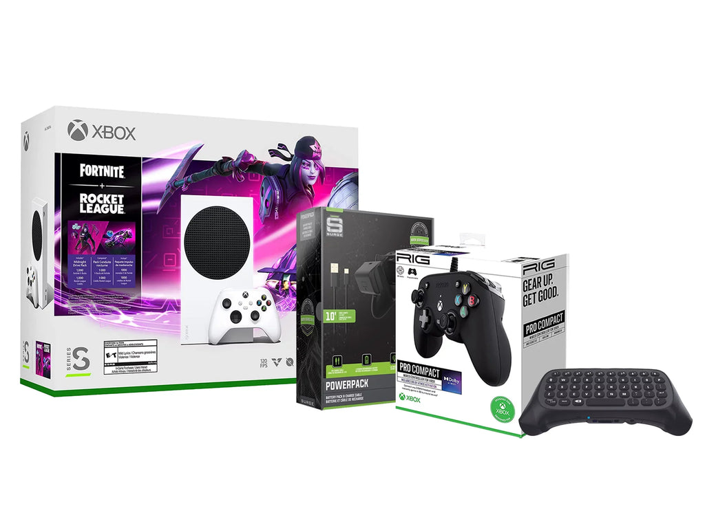 Xbox Series S Console Fortnite Rocket League with Black PRO Compact Controller, Charge Cable/Battery and Wireless Controller Keypad