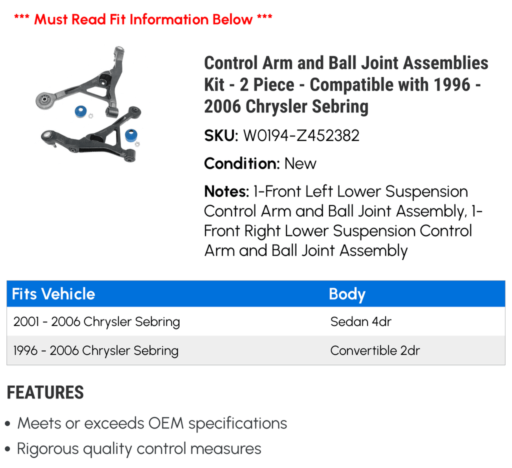 Control Arm and Ball Joint Assemblies Kit - 2 Piece - matching with 1996 - 2006 Chrysler Sebring 1997 1998 1999 2000 2001 2002 2003 2004 2005