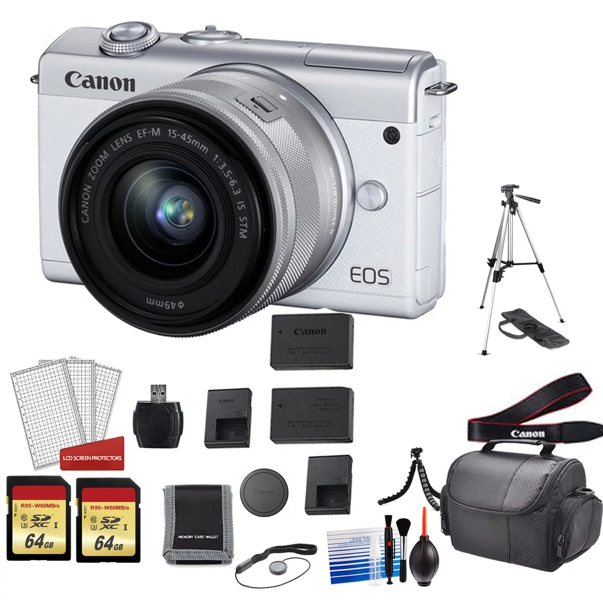 EOS M200 Mirrorless Digital Camera with 15-45mm Lens (White) Kit with Spare Battery + 2x 64GB Memory Cards + Tripod + More