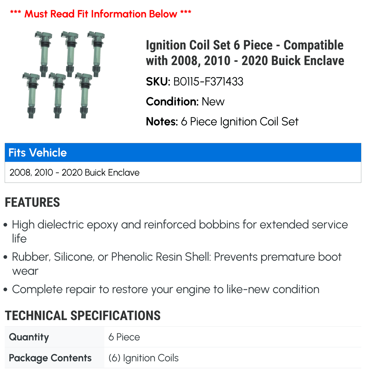 Ignition Coil Set 6 Piece - appropriate with 2008, 2010 - 2020 Buick Enclave 2011 2012 2013 2014 2015 2016 2017 2018 2019